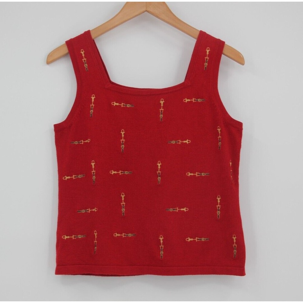 Erin Matthews Sleeveless Sweater Women Red Bridle Embroidered M Old Money Preppy